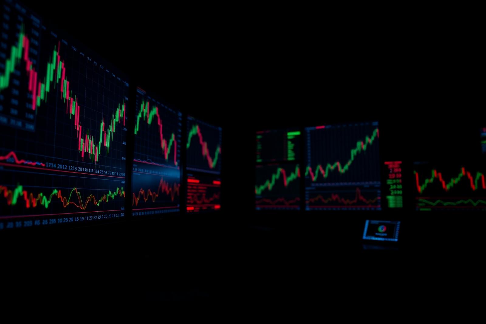 Financial market data glowing on trading screens